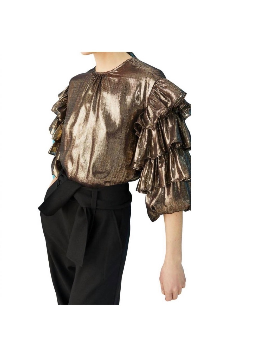Metallic Bronze Ruffle Sleeve Blouse Marie Oliver Ferne Blouse